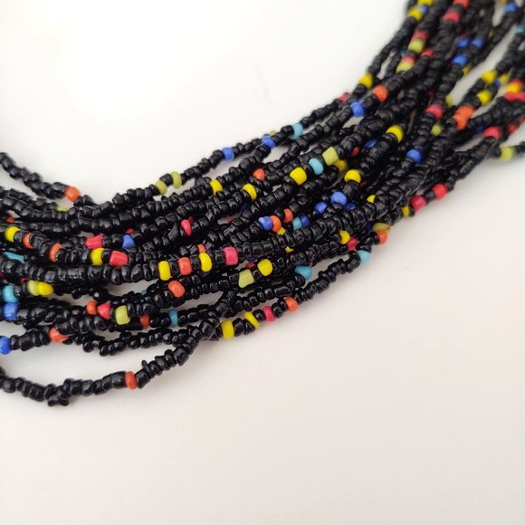 Multi strand black seed bead necklace with bright bead accents - Picture 11 of 13